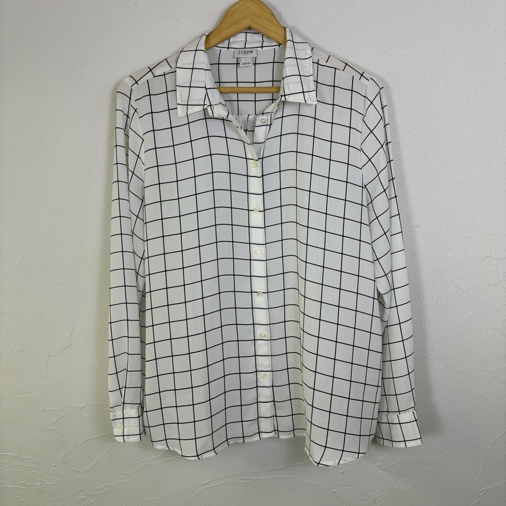 J Crew Button Down Shirt Women Large White Black Windowpane Plaid Preppy Career